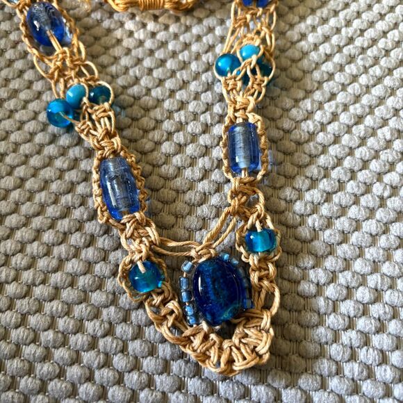 Macrame 16" Blue Glass Bead Necklace, Jewels, Handmade, Boho Style, Hippy Style - Picture 2 of 5